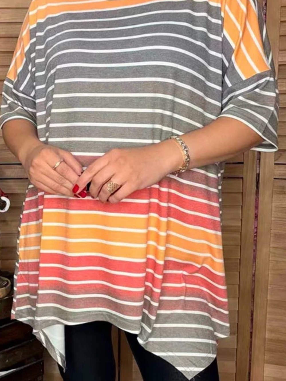 Striped Short-Sleeve Tunic Top in Gray and Coral